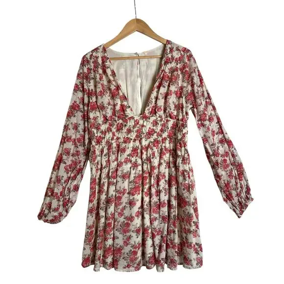 Free People Keep You Smocked Dress Floral Boho Mini Long Sleeve Size L EUC - Picture 2 of 11